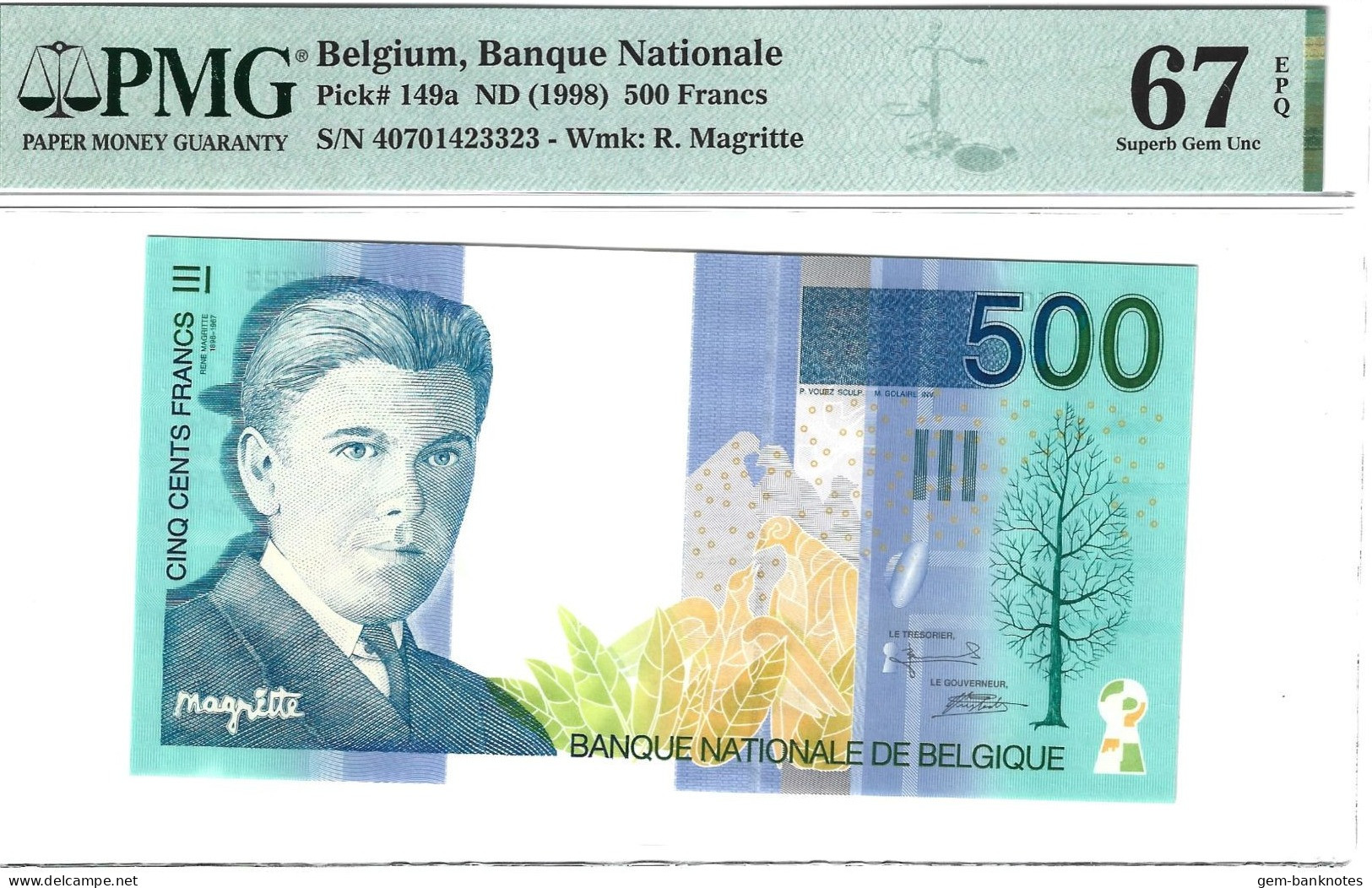 Belgium 500 Francs 1998 P149a Graded 67 EPQ SuperGem Uncirculated By PMG - 500 Francos