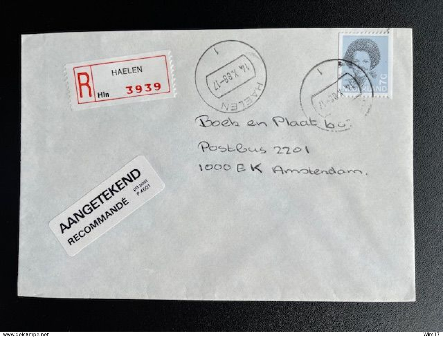 NETHERLANDS 1988 REGISTERED LETTER HAELEN TO AMSTERDAM 14-10-1988 NEDERLAND AANGETEKEND - Lettres & Documents