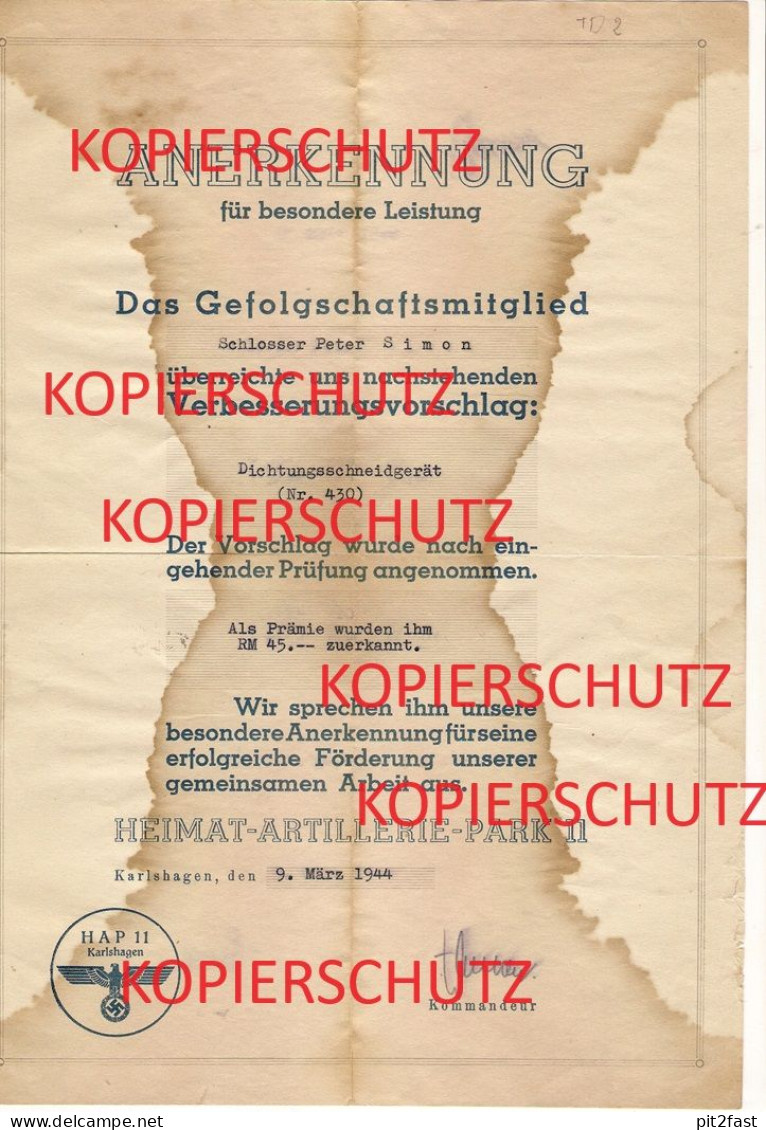 Original Dokument - Heeresversuchsanstalt Peenemünde , 1944 , HAP 11 Karlshagen , Raketen , V1 , V2 , Mecklenburg , HVA - 1939-45