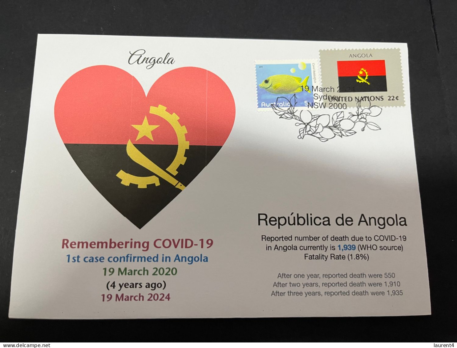 19-3-2024 (3 Y 28) COVID-19 4th Anniversary - Angola - 19 March 2024 (with Angola UN Flag Stamp) - Ziekte