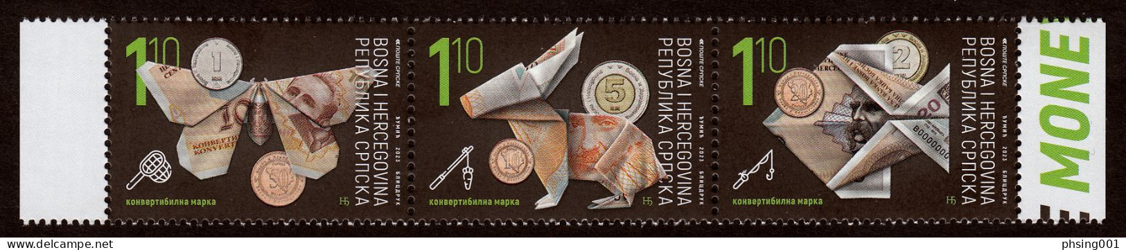 Bosnia Serbia 2023 25 Years Of Convertible Mark Coins And Banknotes In Shape Of Butterfly Rabbit Fish, Set In Strip MNH - Bosnie-Herzegovine