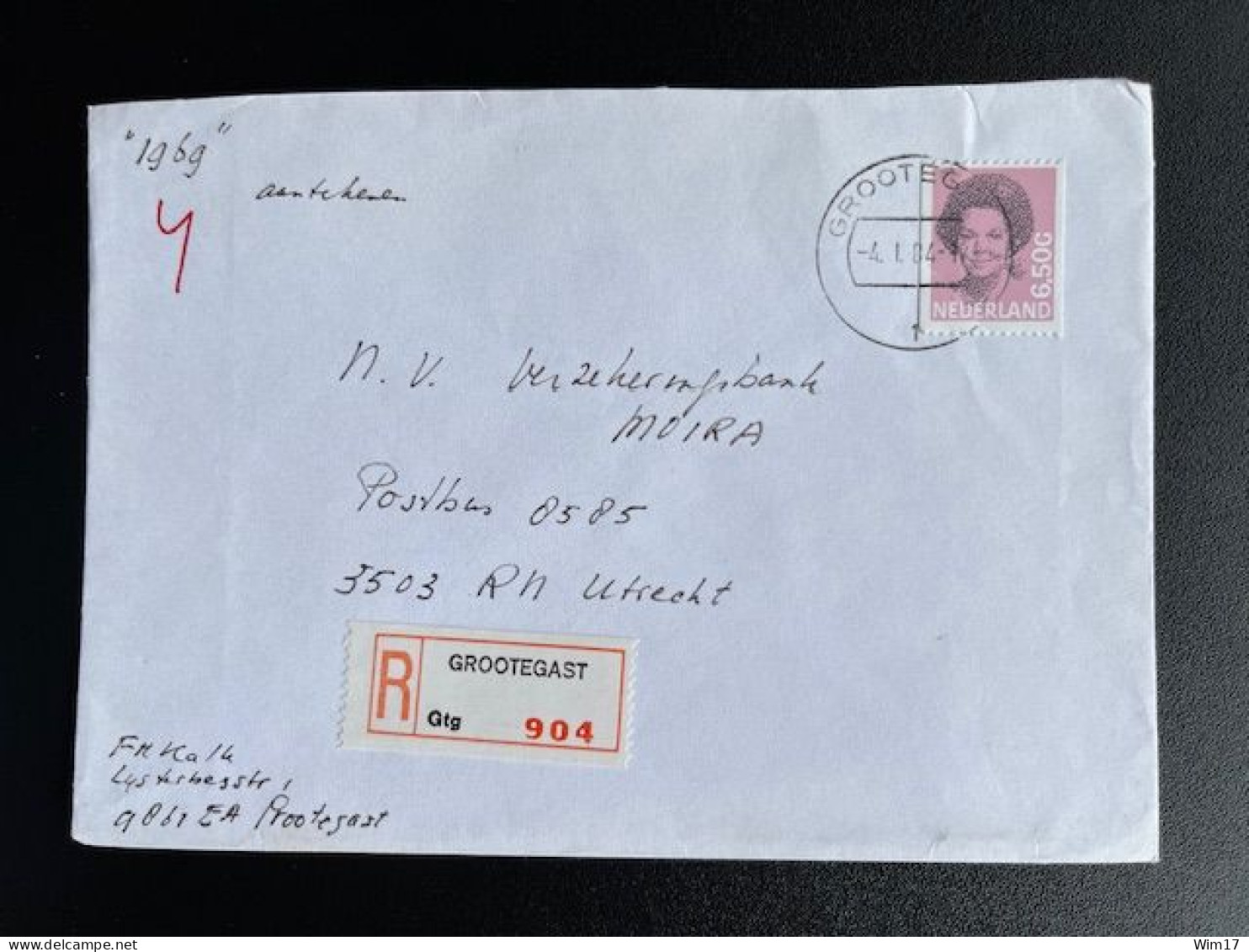 NETHERLANDS 1984 REGISTERED LETTER GROOTEGAST TO UTRECHT 04-01-1984 NEDERLAND AANGETEKEND - Briefe U. Dokumente