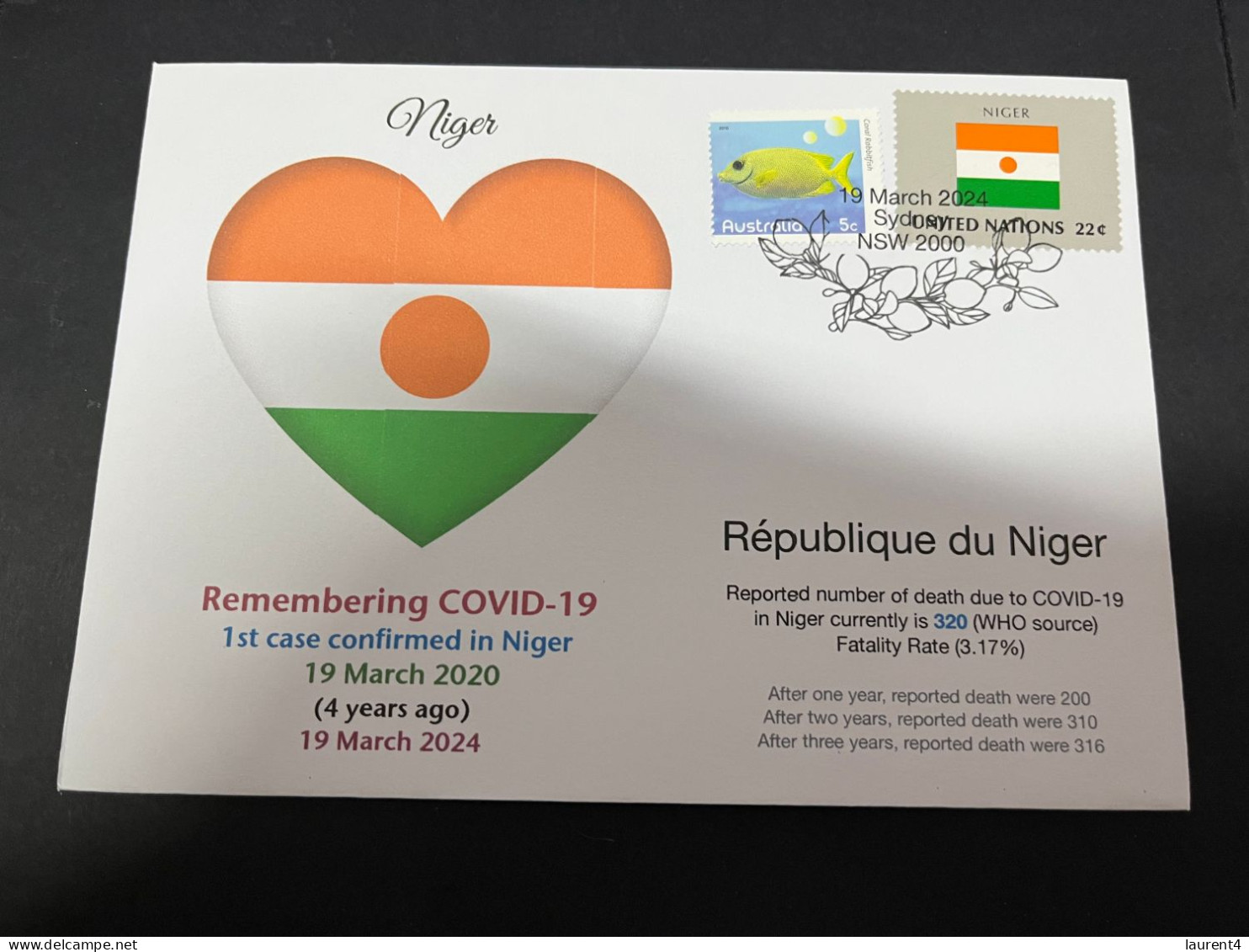 19-3-2024 (3 Y 28) COVID-19 4th Anniversary - Niger - 19 March 2024 (with Niger UN Flag Stamp) - Ziekte