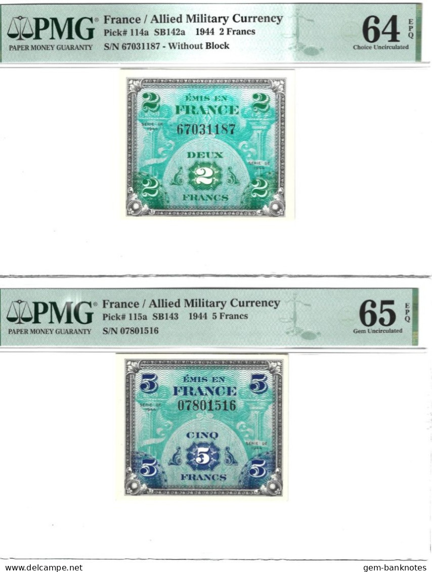 France 2 & 5 Francs 1944 P114a & 115a Graded 64 EPQ & 65 EPQ Choice And Gem Uncirculated By PMG - 1944 Bandiera/Francia