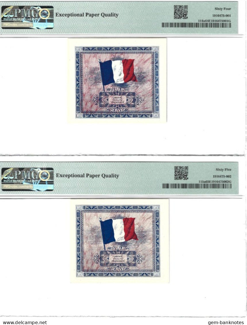 France 2 & 5 Francs 1944 P114a & 115a Graded 64 EPQ & 65 EPQ Choice And Gem Uncirculated By PMG - 1944 Bandiera/Francia