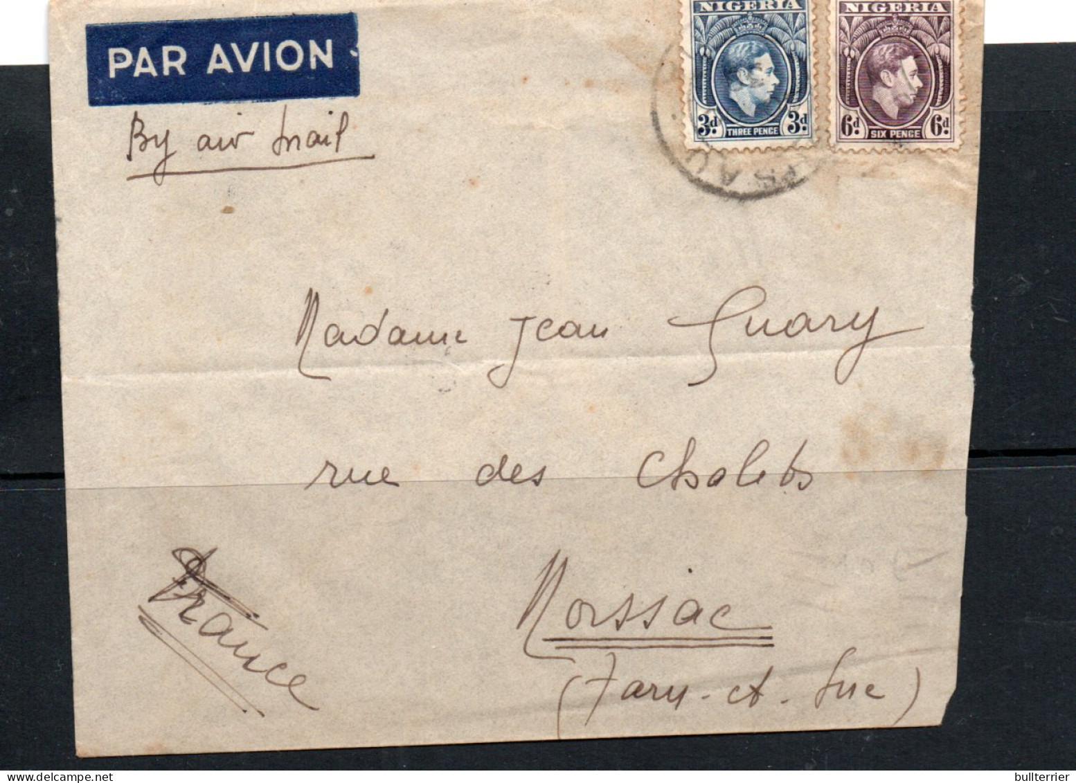 NIGERIA - 1938 - IMPERIAL AIRWAYS  TO FRANCE DELAYED AT BRINDISI VIA KHARTOUM WITH   BACKSTAMP - Nigeria (...-1960)