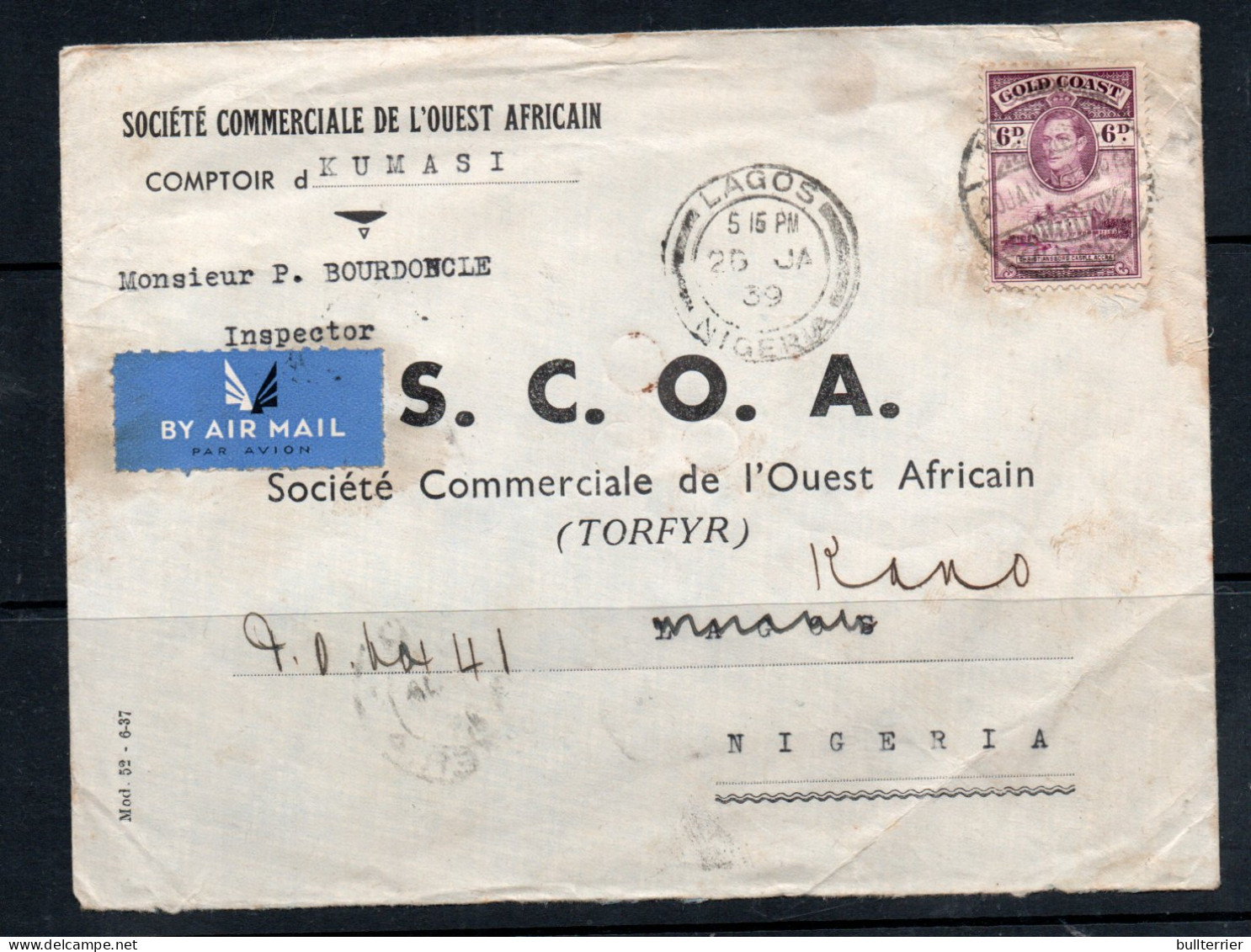 GOLD COAST - 1939- IMPERIAL AIRWAYS  TO NIGERIA WITH KANO  BACKSTAMP - Côte D'Or (...-1957)