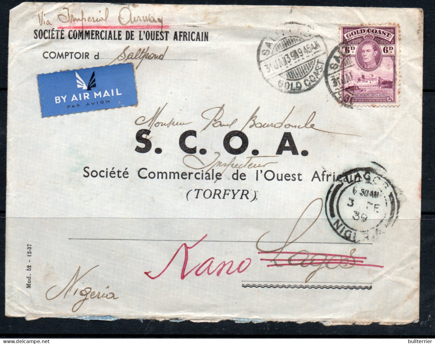 GOLD COAST - 1939- IMPERIAL AIRWAYS  TO LAGOES, READDREESED TO KANO WITH BACKSTAMP - Costa D'Oro (...-1957)