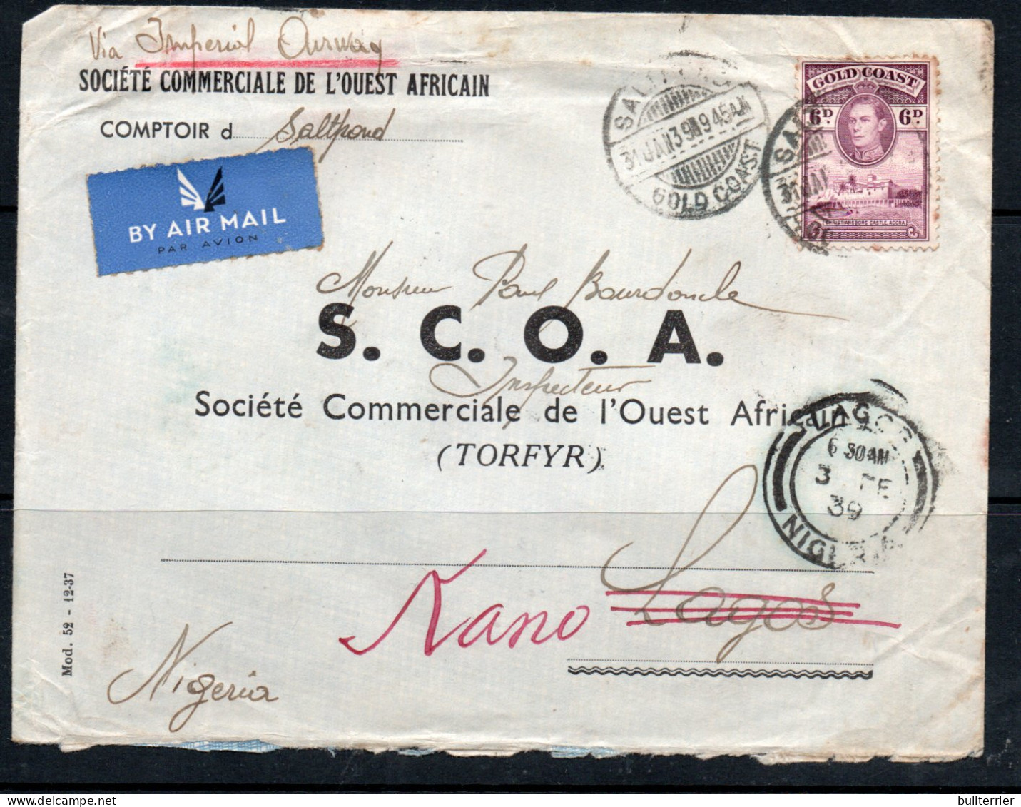 GOLD COAST - 1939- IMPERIAL AIRWAYS  TO LAGOES, READDREESED TO KANO WITH BACKSTAMP - Côte D'Or (...-1957)