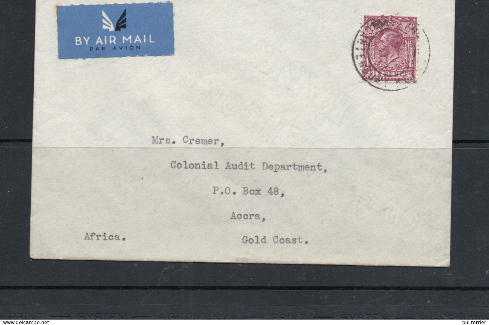 GB - 1937 - IMPERIAL AIRWAYS  COVER UK TO  GOLD COAST   BY KS15 WITH ACCRA BACKSTAMP - Ficción & Especimenes