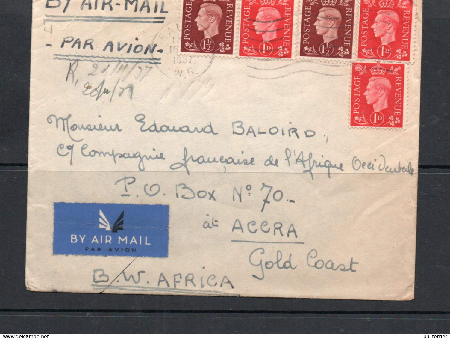 GB - 1937 - IMPERIAL AIRWAYS  COVER UK TO  GOLD COAST   WITH ACCRA BACKSTAMP - Ficción & Especimenes