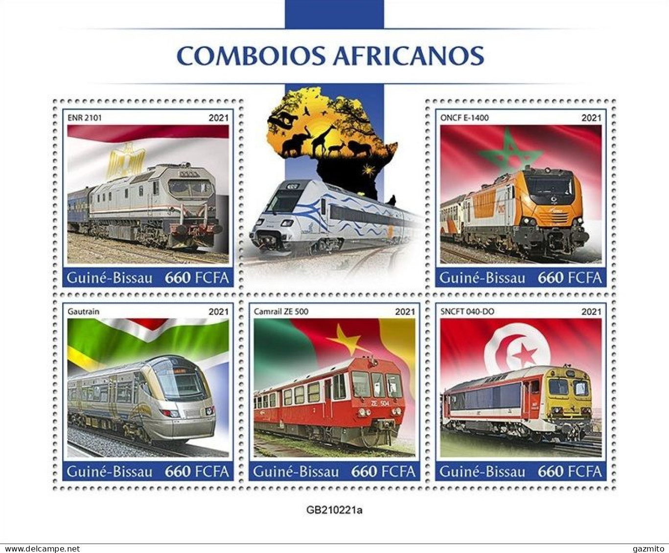 Guinea Bissau 2021, Trains Of Africa I, Elephant, Giraffes, Lion, Snake, 5val In BF - Snakes