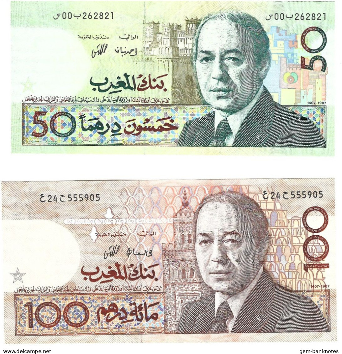 Morocco 50 & 100 Dirhams 1987 P61a & 62b Circulated - Maroc