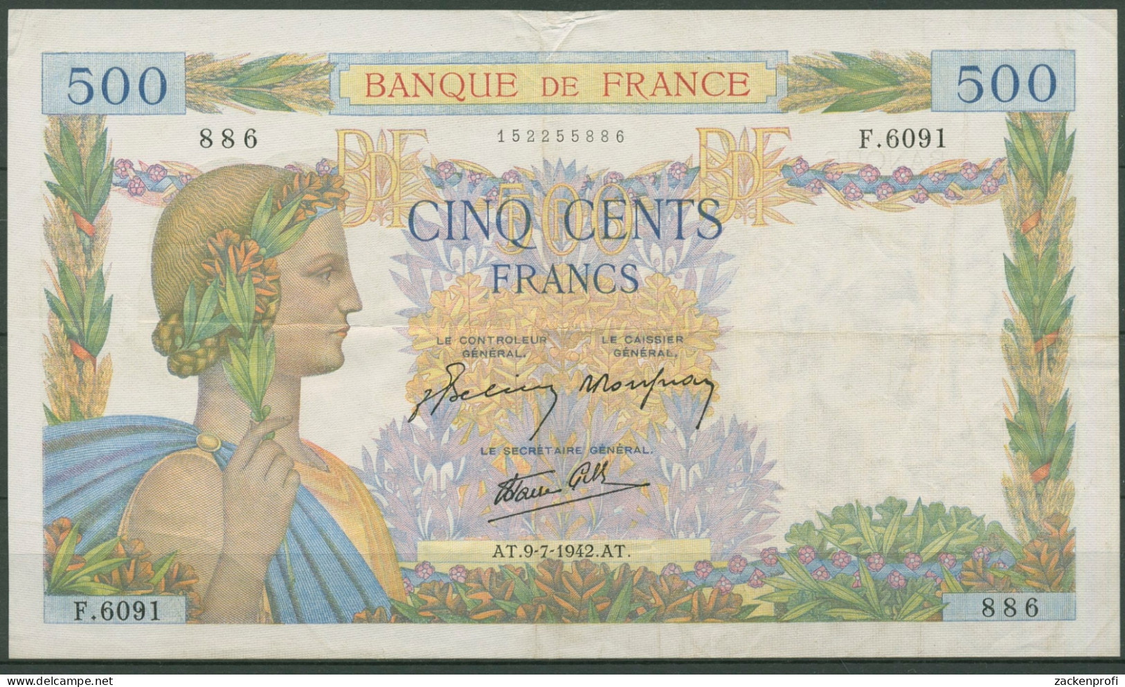 Frankreich 500 Francs 9.7.1942, Pax, KM 95 B Gebraucht (K707) - 500 F 1940-1944 ''La Paix''