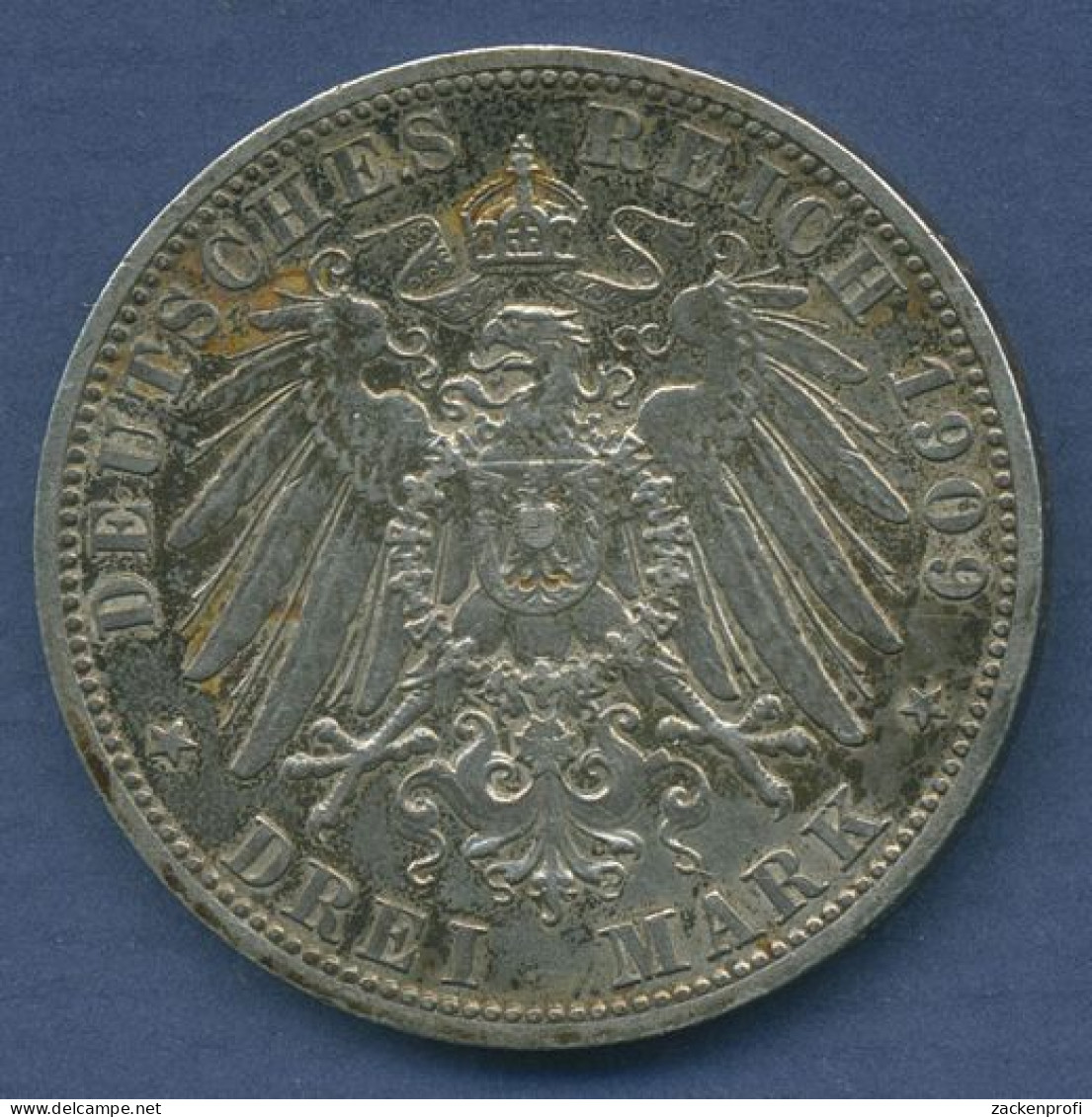 Preußen 3 Mark 1909 A, Kaiser Wilhelm II., J 103 Vz, Bunte Patina (m3763) - 2, 3 & 5 Mark Silver