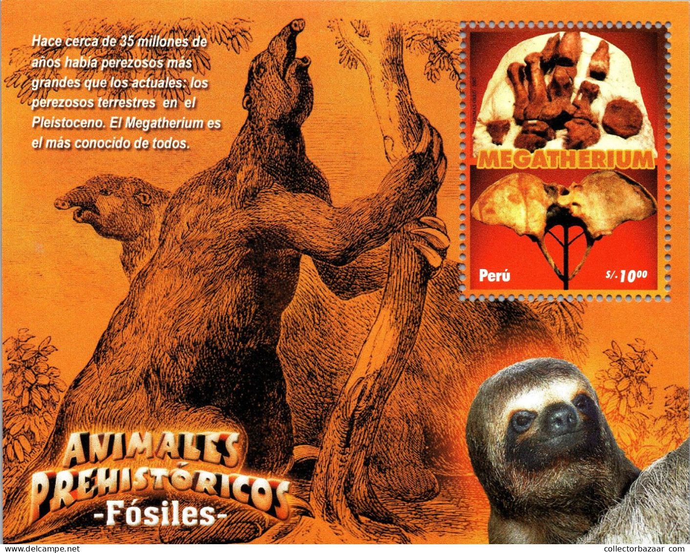 Peru 2007 Prehistoric Animals Souvenir Sheet - Megatherium Sloth Fossil Dinosaur MNH - Fossiles