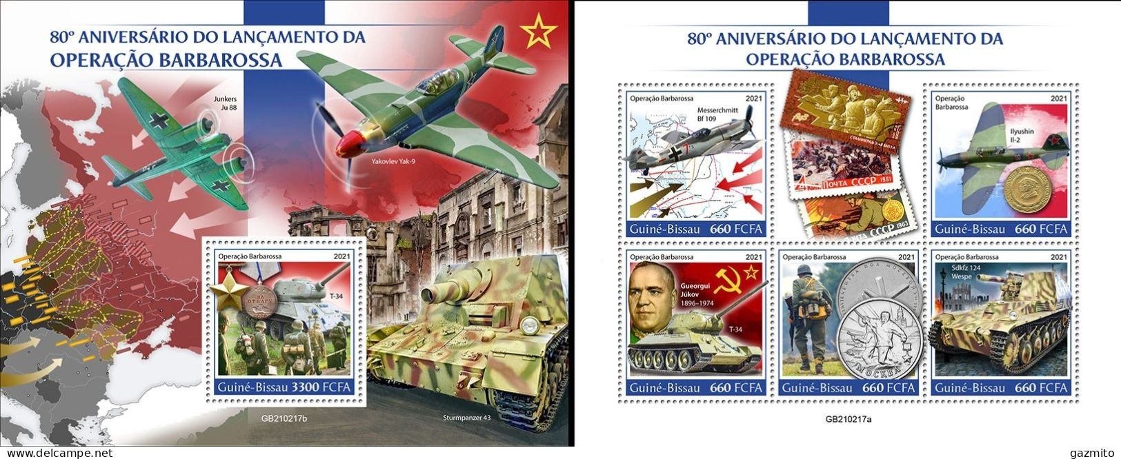 Guinea Bissau 2021, WWII, 80th Operation Barbarossa, Plane, Tank, Map, 4val In BF +BF - Militaria