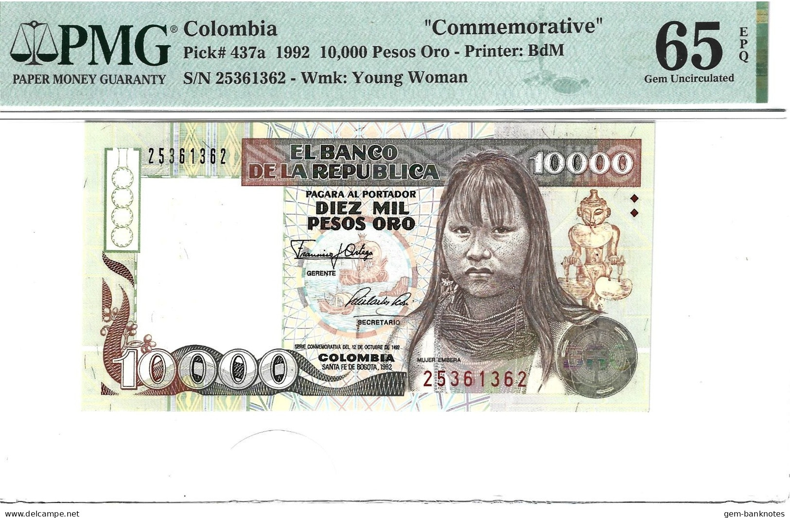 Colombia 10000 Pesos 1992 P437a Commemorative Graded 65 EPQ Gem Uncirculated By PMG - Colombie