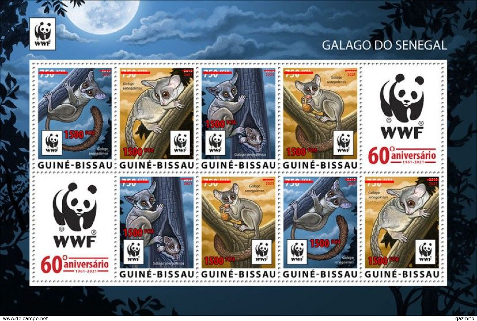 Guinea Bissau 2021, WWF, Galago, Overp. Red, 8val In Sheetlet - Guinea-Bissau