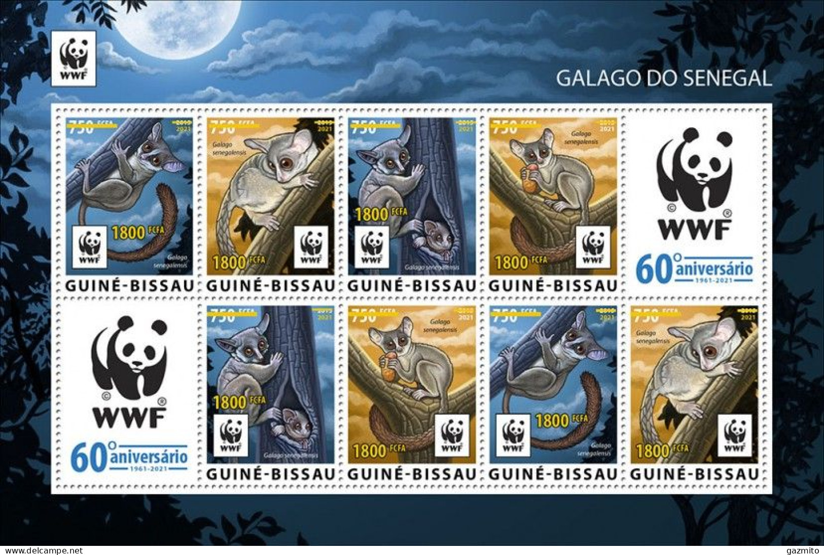 Guinea Bissau 2021, WWF, Galago, Overp. Yellow, 8val In Sheetlet - Unused Stamps