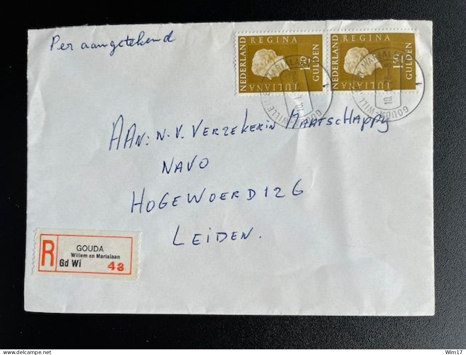 NETHERLANDS 1975 REGISTERED LETTER GOUDA WILLEM EN MARIALAAN TO LEIDEN 10-01-1975 NEDERLAND AANGETEKEND - Covers & Documents