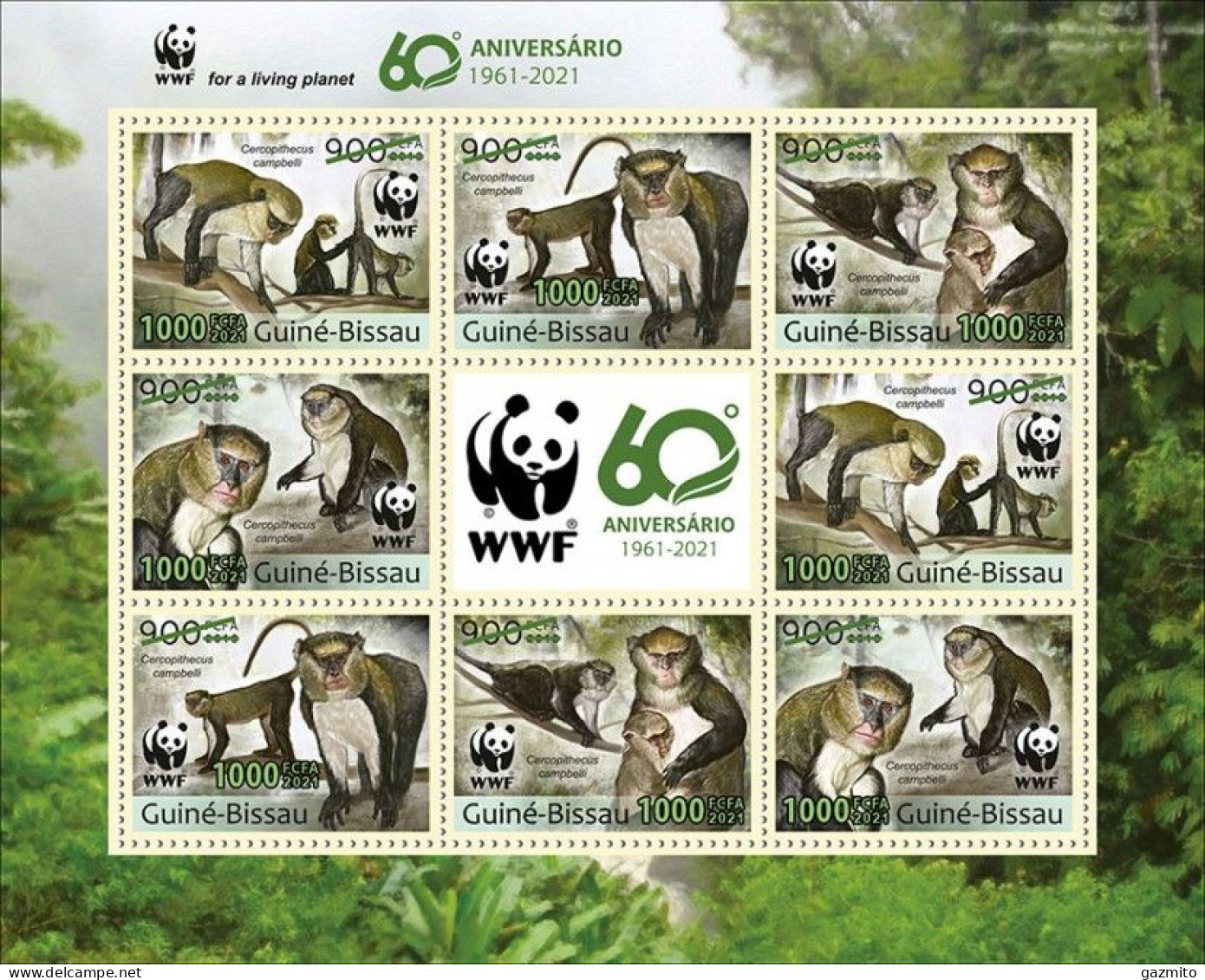 Guinea Bissau 2021, WWF, Monkey, Overp. Green, 8val In Sheetlet - Unused Stamps