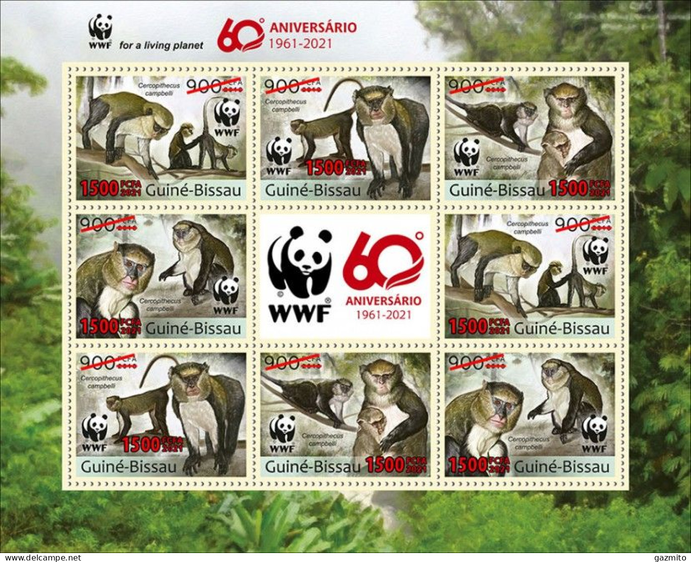 Guinea Bissau 2021, WWF, Monkey, Overp. Red, 8val In Sheetlet - Singes