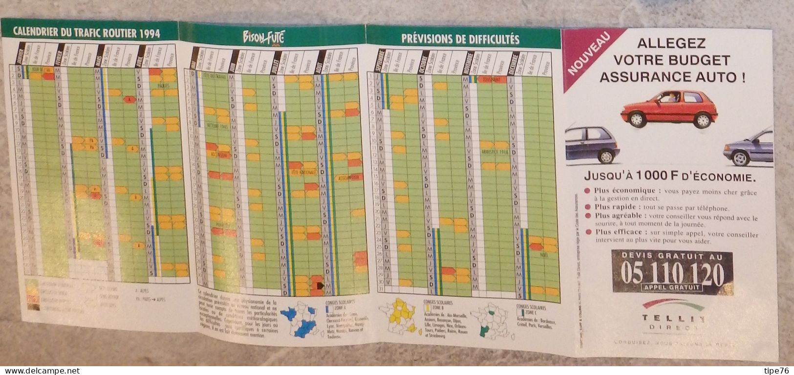 Petit Calendrier  Du Trafic Routier 1994 Bison Futé Sécurité Routière France Telecom Tellit Direct - Tamaño Pequeño : 2001-...