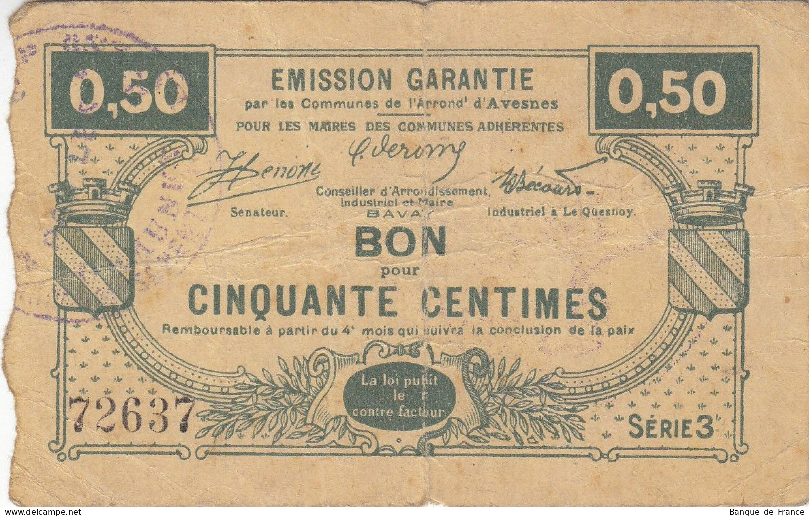 50 C Avesnes Et Communes Adhérentes Emission Garantie Série 3 - JP.59-188 - Bons & Nécessité