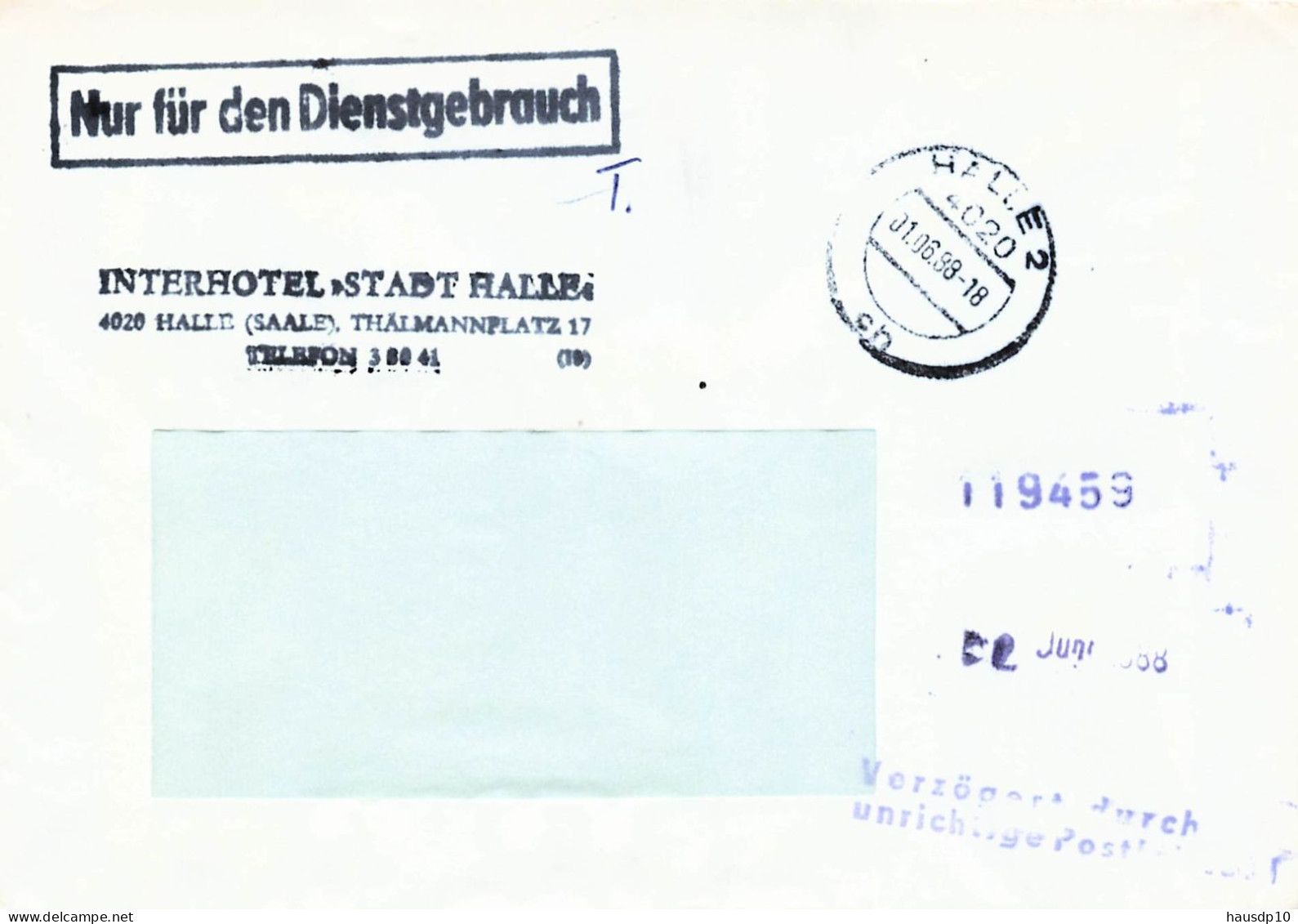 DDR Dienst Brief - Nur Für Den Dienstgebrauch - Interhotel Hotel Stadt Halle 1988 Verzögert - Service Central De Courrier