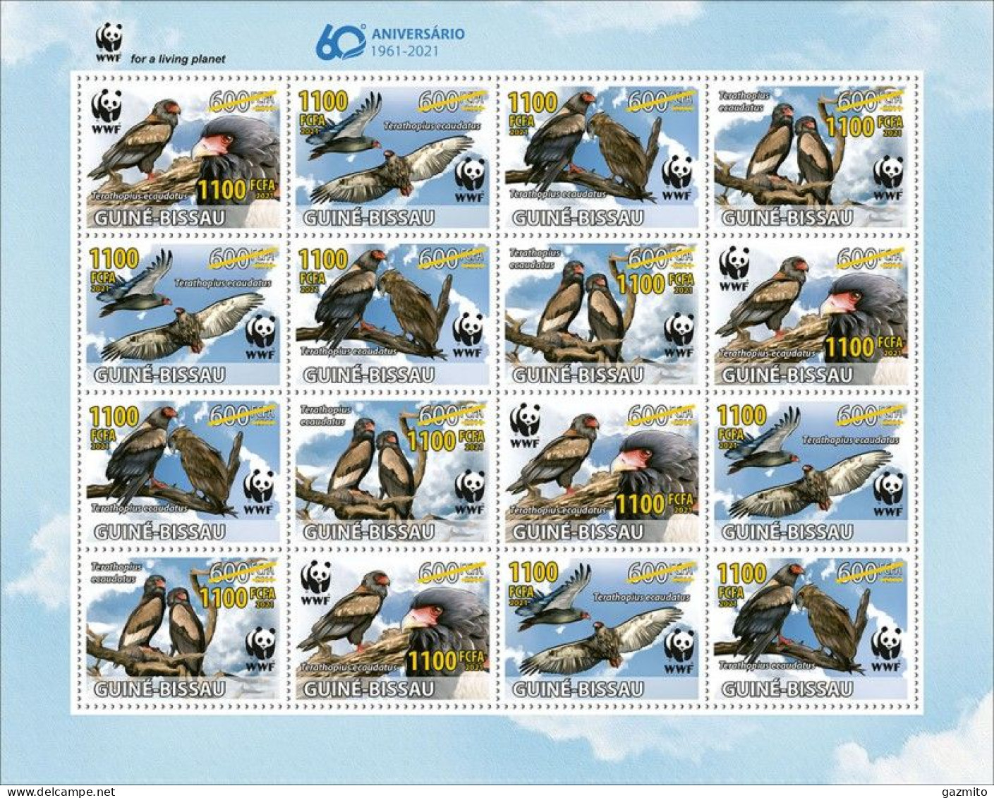 Guinea Bissau 2021, WWF, Eagles, Overp. Yellow, 16val In Sheetlet - Guinea-Bissau