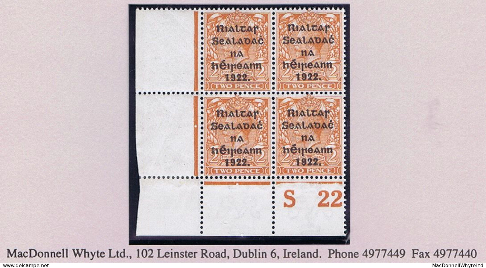 Ireland 1922 Thom Rialtas 5-line Black Ovpt On 2d Die 2, Corner Block Of 4 Control S22 Perf Mint - Unused Stamps