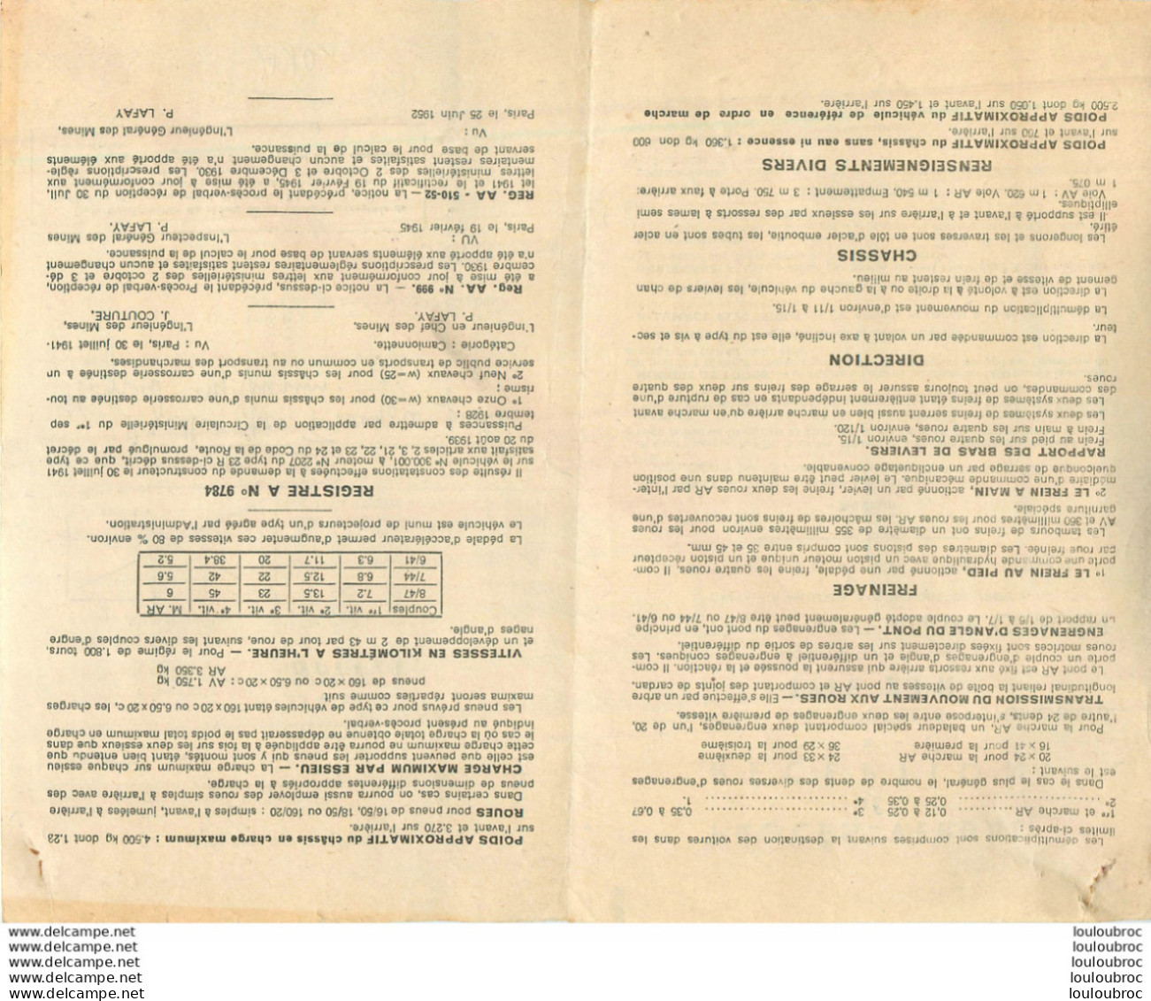 PROCES VERBAL DE RECEPTION STE ANONYME ANDRE CITROEN VEHICULES TYPE 23 R ANNEE 1952 - Auto's