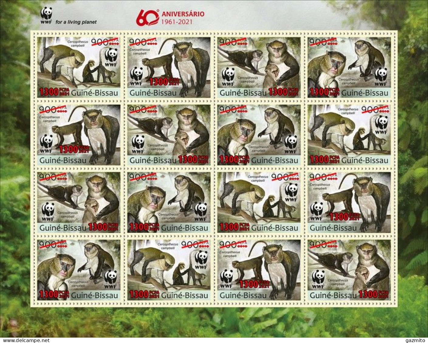 Guinea Bissau 2021, WWF, Monkey, Overp. Red, 16val In Sheetlet - Unused Stamps