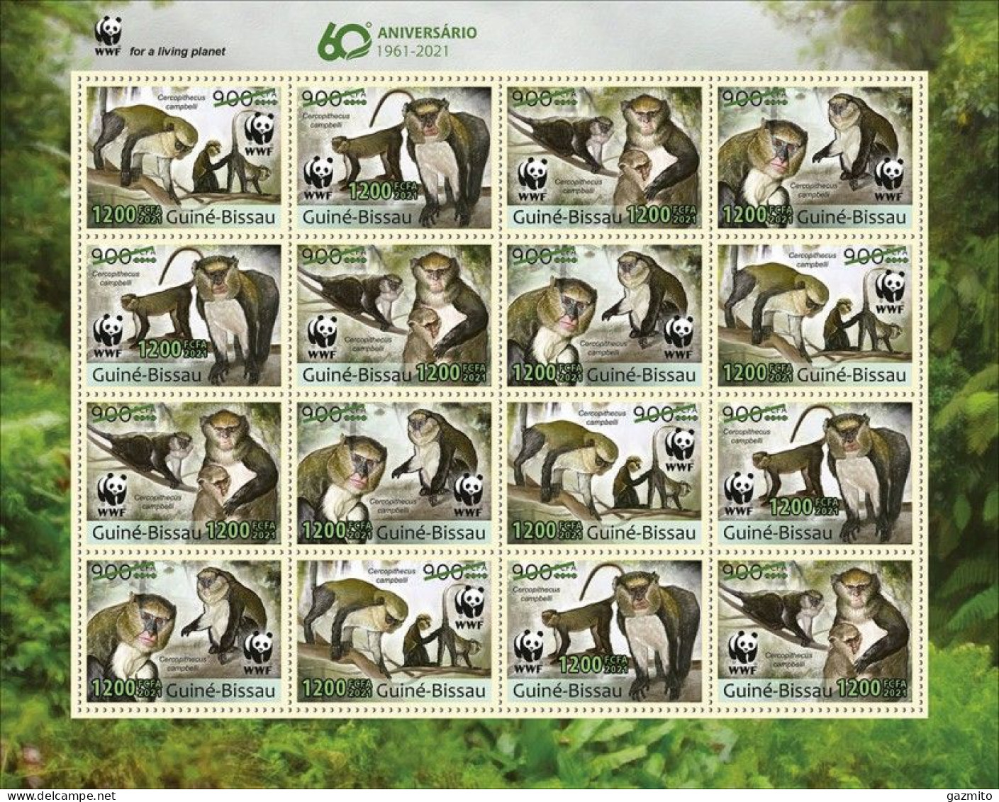 Guinea Bissau 2021, WWF, Monkey, Overp. Green, 16val In Sheetlet - Unused Stamps
