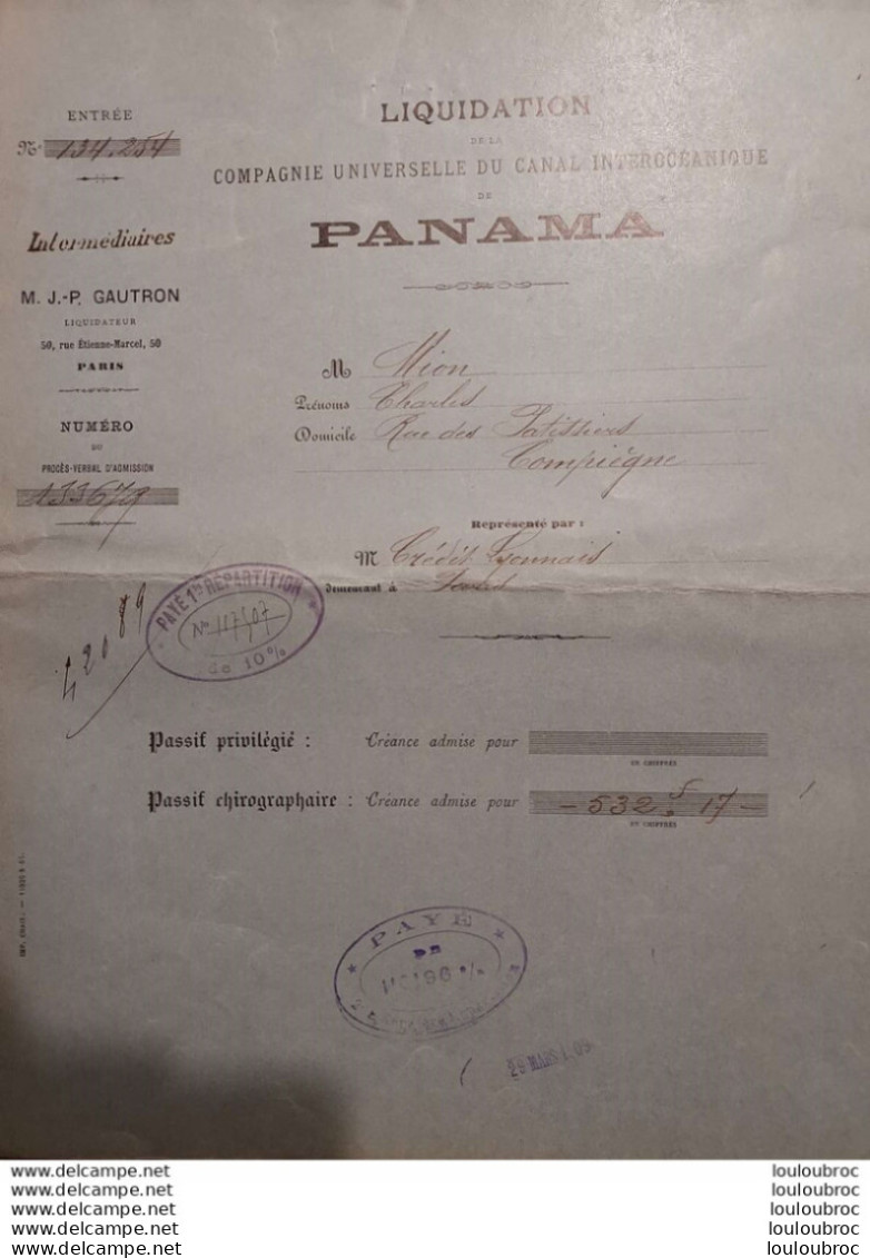 CANAL DE PANAMA LIQUIDATION DE LA COMPAGNIE UNIVERSELLE BORDEREAU D'ADMISSION 1904 MONSIEUR MION CHARLES CREDIT LYONNAIS - Navigation