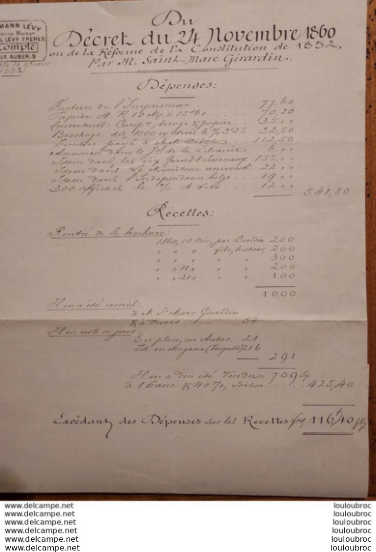 CALMANN LEVY EDITEUR 1882 DECOMPTE CHIFFRE DU LIVRE DE SAINT MARC GIRARDIN REFORME DE LA CONSTITUTION 1852 Ref1 - Historische Dokumente