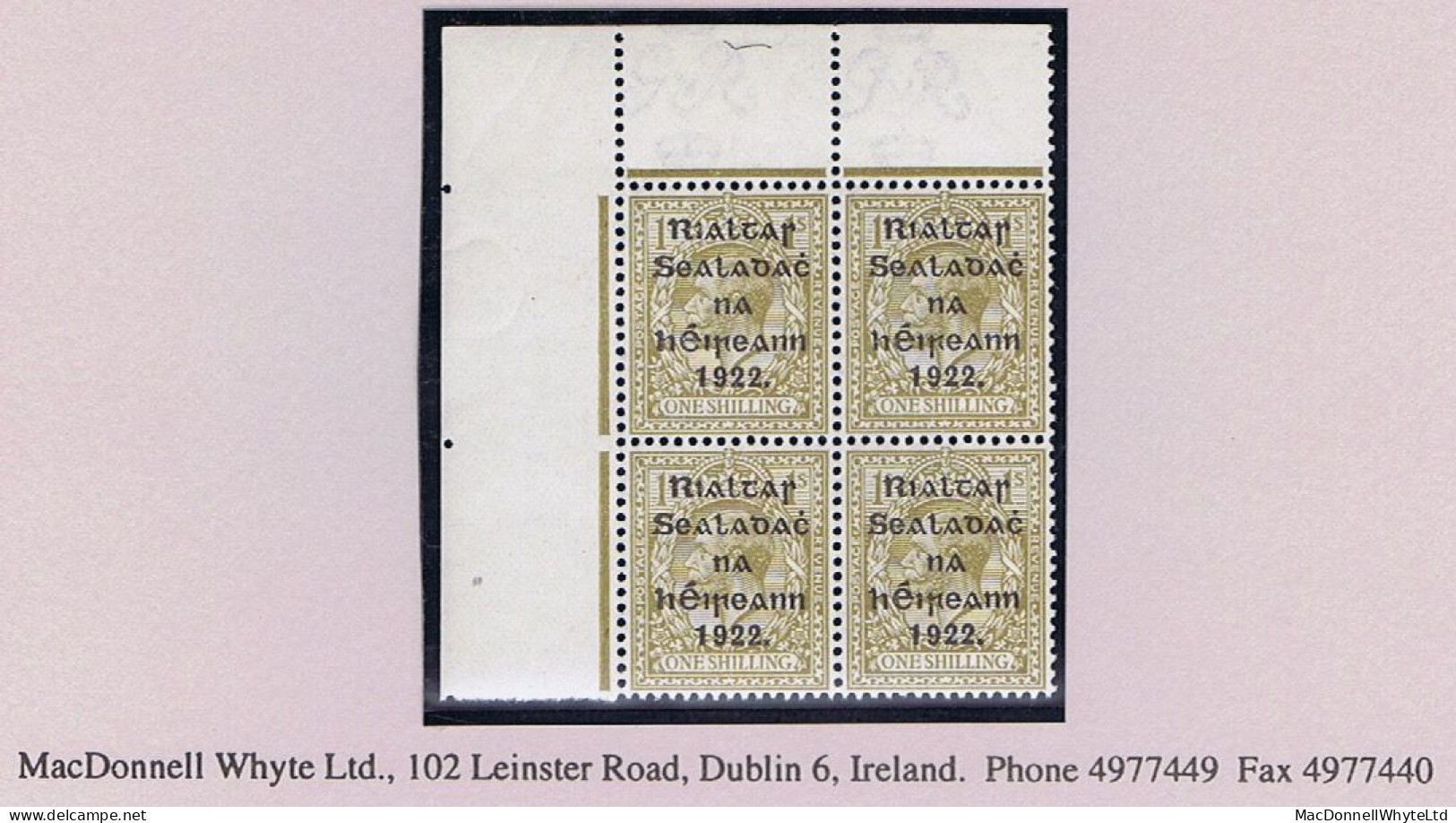 Ireland 1922 Thom Rialtas 5-line Black Ovpt On 1s Bistre-brown Corner Block Of 4 Fresh Mint Unmounted - Unused Stamps
