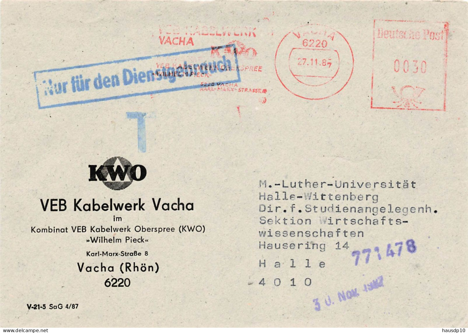 DDR Dienst Brief - Nur Für Den Dienstgebrauch - Asf KWO VEB Kabelwerk Vacha 1987 - Centrale Postdienst