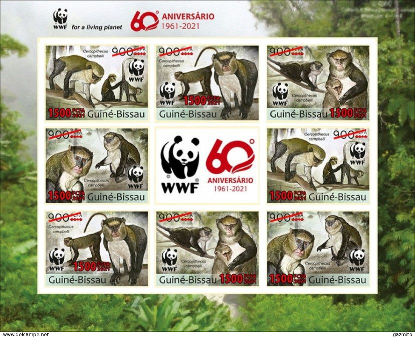 Guinea Bissau 2021, WWF, Monkey, Overp. Red, 8val In Sheetlet IMPERFORATED - Monkeys