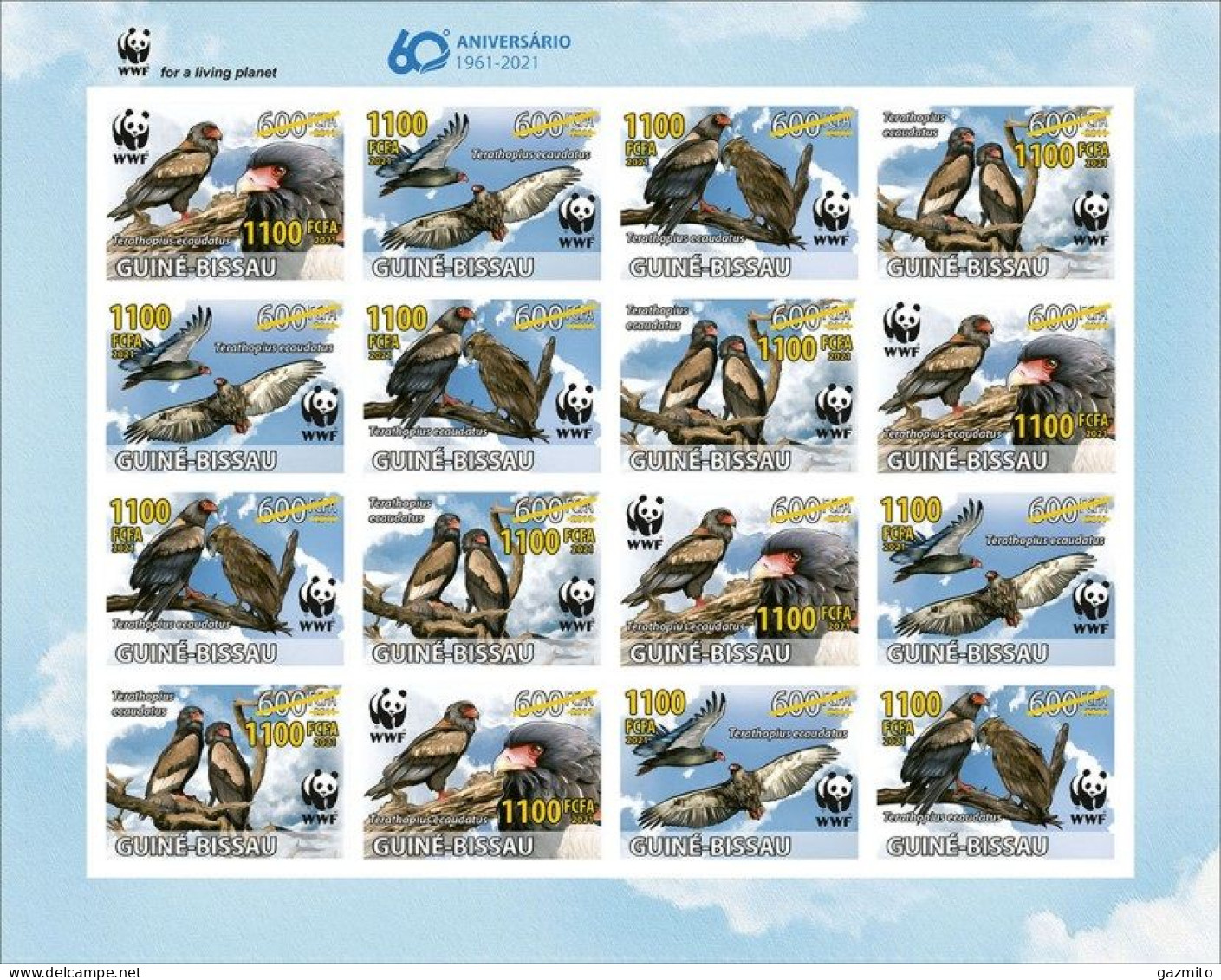 Guinea Bissau 2021, WWF, Eagles, Overp. Yellow, 16val In Sheetlet IMPERFORATED - Guinea-Bissau