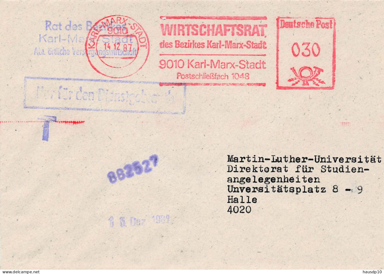 DDR Dienst Brief - Nur Für Den Dienstgebrauch - Afs Wirtschaftsrat Des Bezirkes Karl Marx Stadt 1987 - Servicio Central De Correos