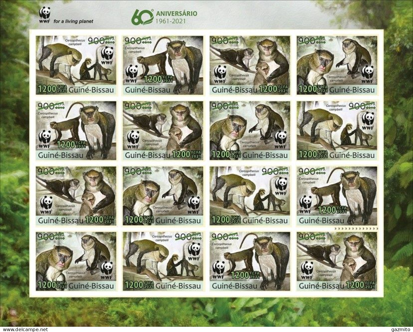 Guinea Bissau 2021, WWF, Monkey, Overp. Green, 16val In Sheetlet IMPERFORATED - Guinea-Bissau