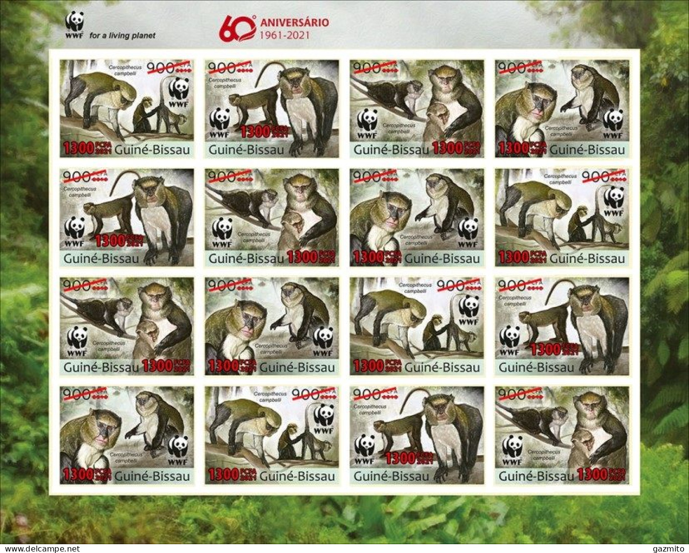 Guinea Bissau 2021, WWF, Monkey, Overp. Red, 16val In Sheetlet IMPERFORATED - Guinée-Bissau