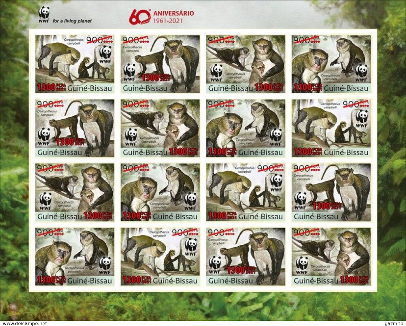 Guinea Bissau 2021, WWF, Monkey, Overp. Red, 16val In Sheetlet IMPERFORATED - Monkeys