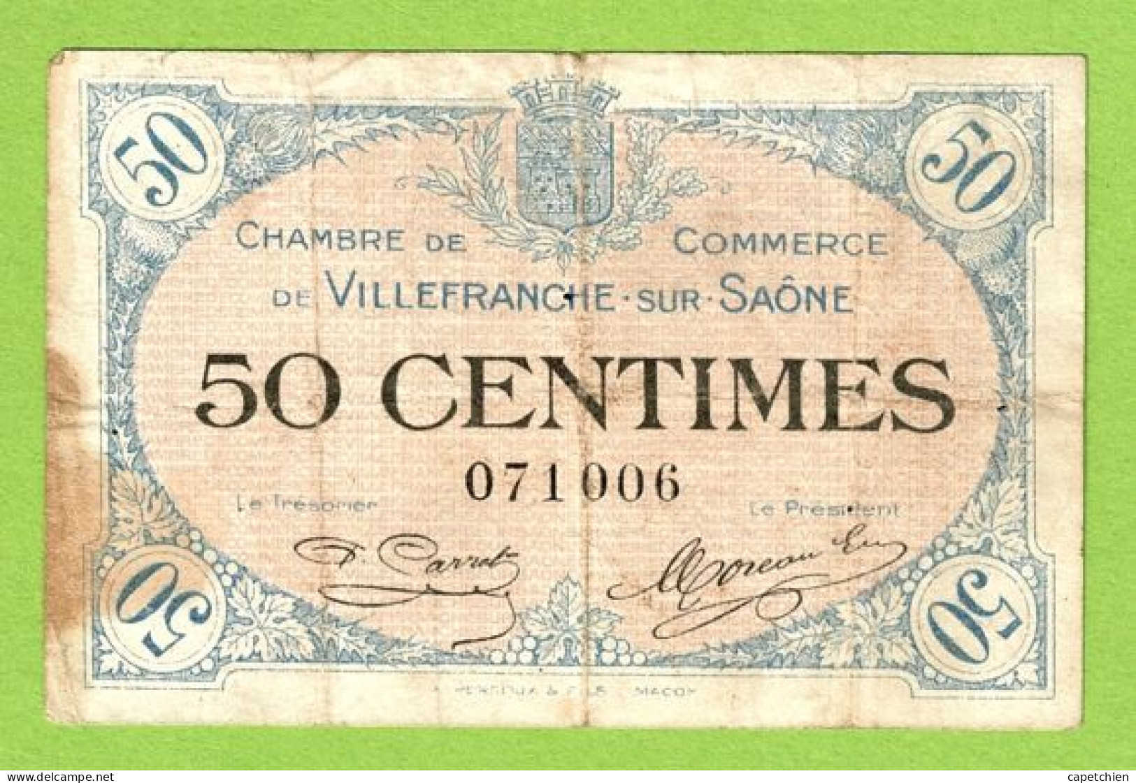 FRANCE / VILLEFRANCHE SUR SAÔNE / 50 CENTIMES / 1er DECEMBRE 1915 / N° 071006 - Chambre De Commerce