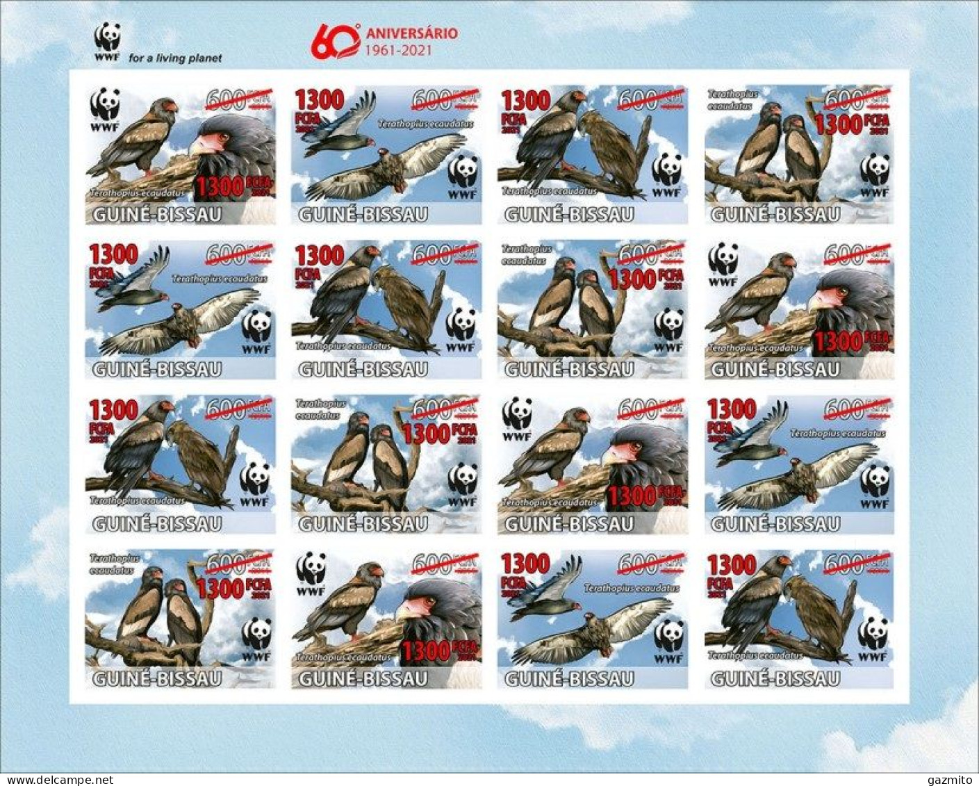 Guinea Bissau 2021, WWF, Eagles, Overp. Red, 16val In Sheetlet IMPERFORATED - Unused Stamps