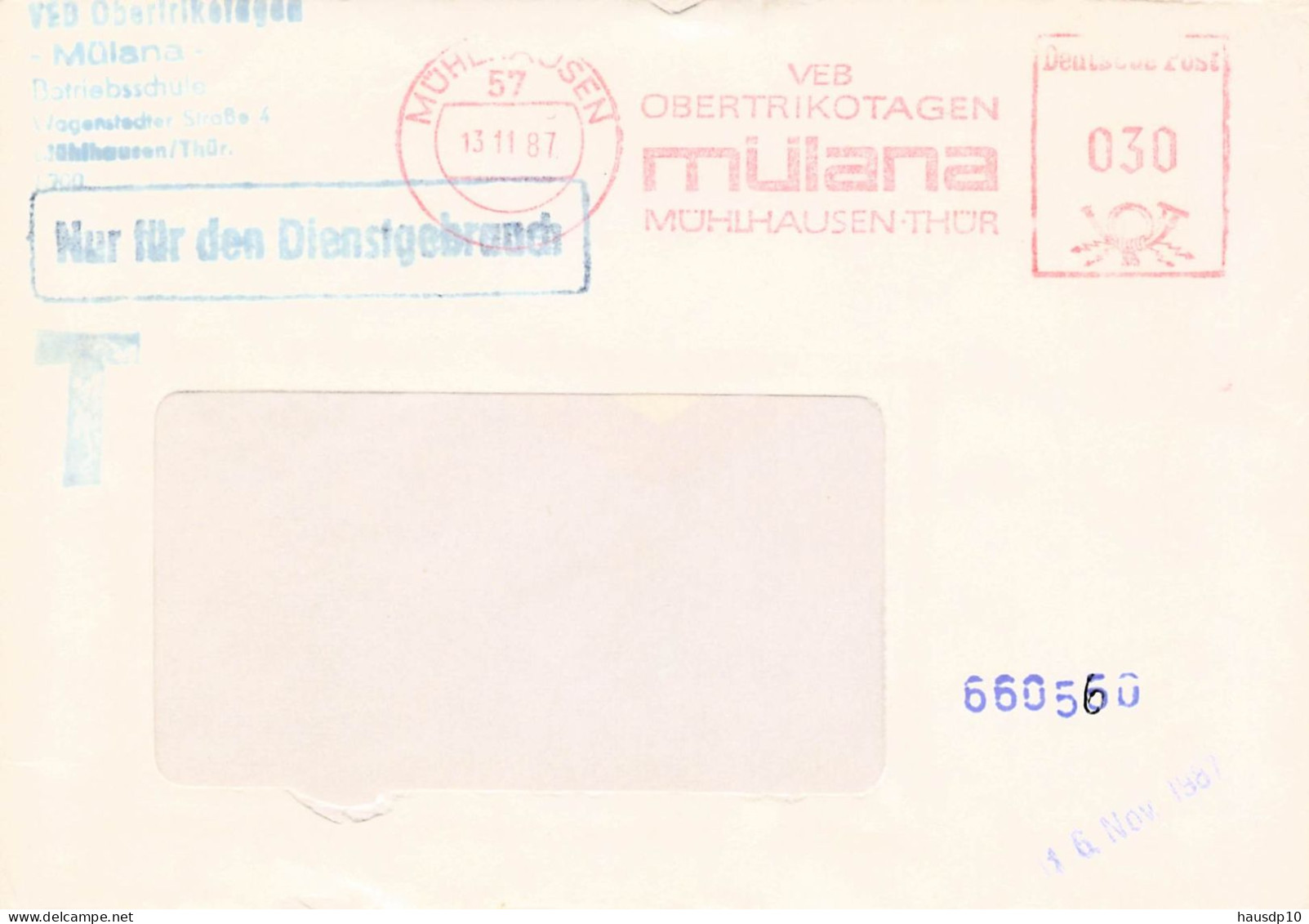 DDR Dienst Brief - Nur Für Den Dienstgebrauch - Afs VEB Obertrikotagen Mülana Mühlhausen 1987 - Centrale Postdienst