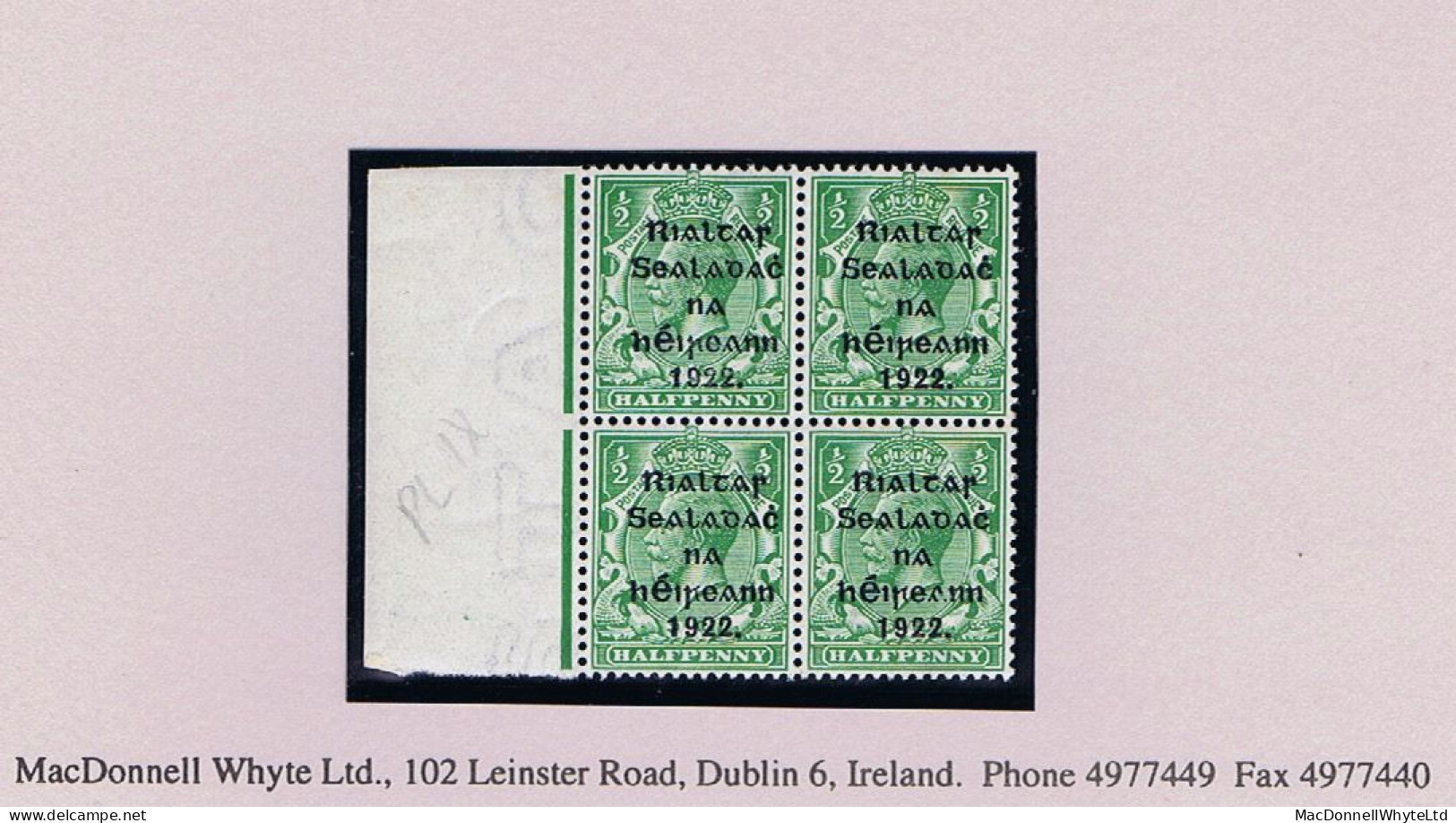 Ireland 1922 Thom Rialtas 5-line Ovpt In Blue-black On ½d, Marginal Block Of 4 Fresh Mint Unmounted - Unused Stamps