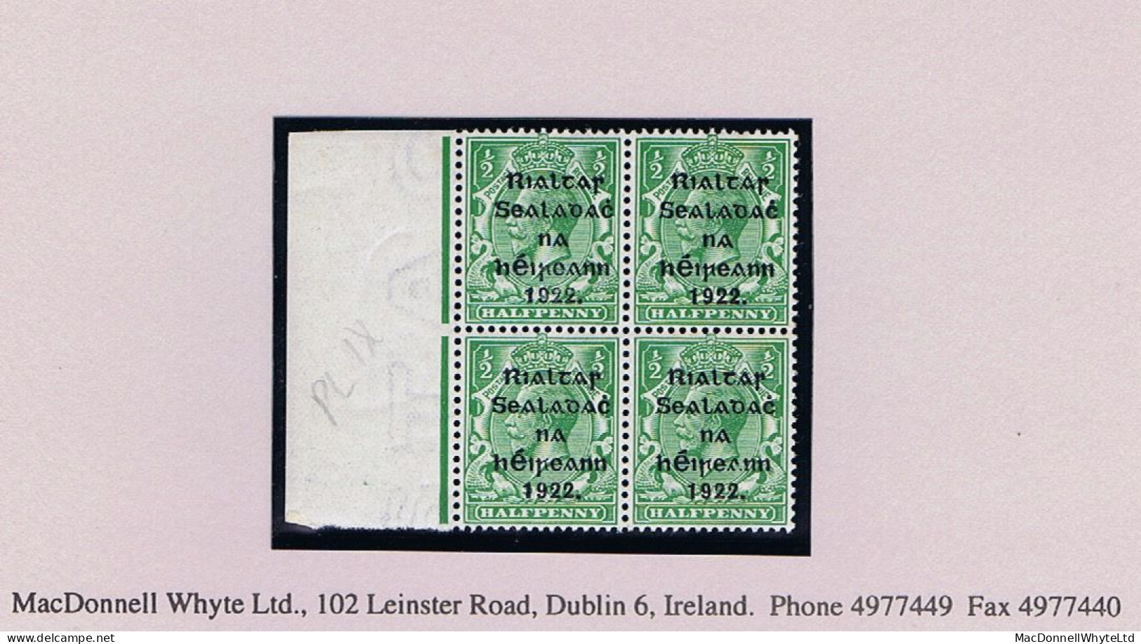 Ireland 1922 Thom Rialtas 5-line Ovpt In Blue-black On ½d, Marginal Block Of 4 Fresh Mint Unmounted - Ungebraucht